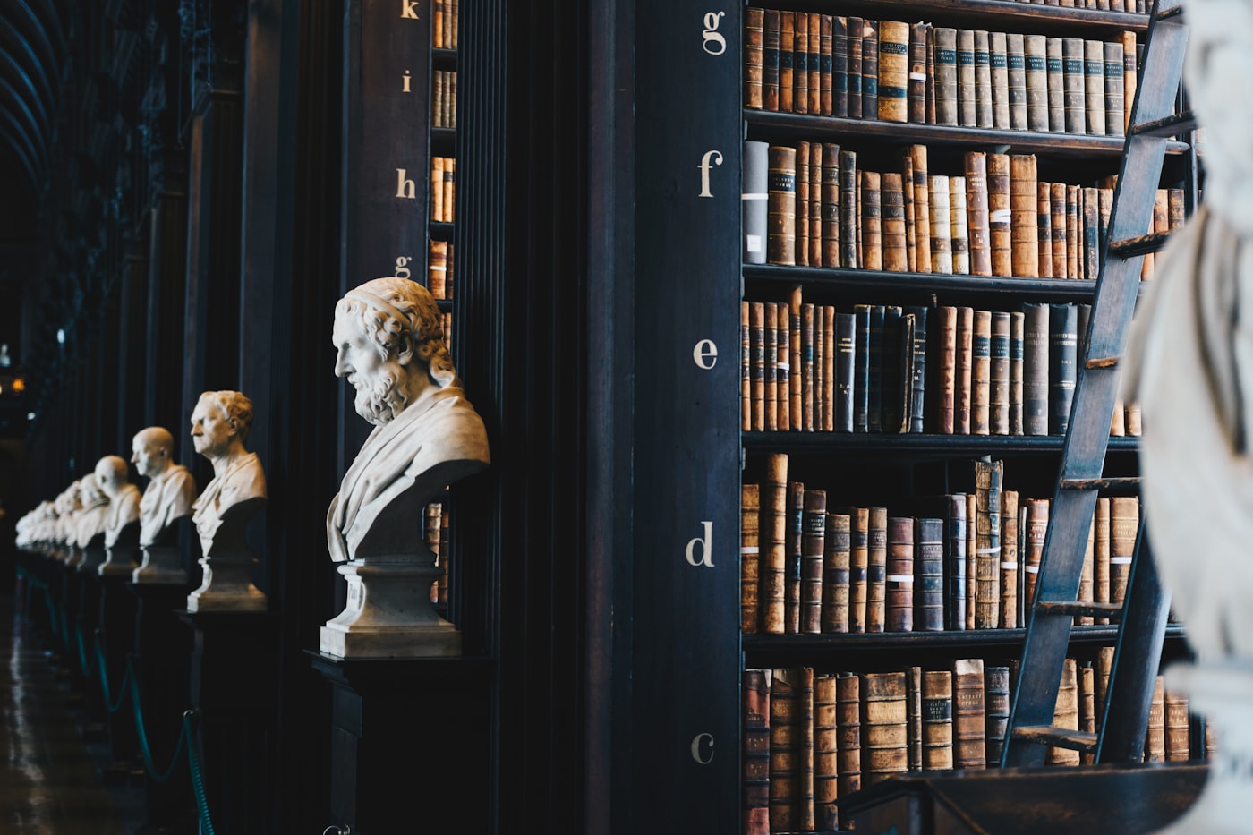 Law library with marble busts and old volumes